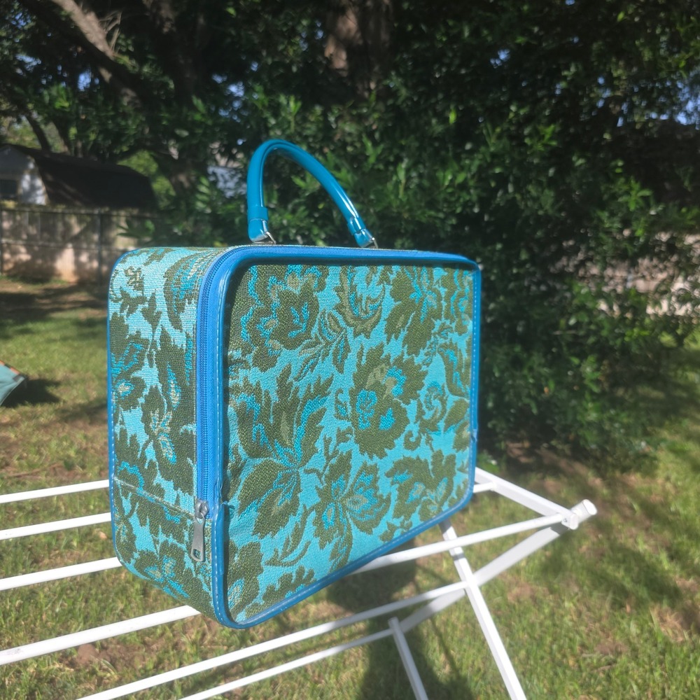 Vintage Tapestry Suitcase Turquoise Green Floral Damask Mid Century Travel Bag - Picture 2 of 8